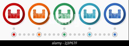 Set di icone vettoriali per la musica stereo, modello infografico, pulsanti Web colorati con design piatto in 5 opzioni di colore Illustrazione Vettoriale