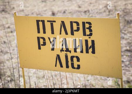 Chernobyl, Ucraina. 10th aprile 2019. Un cartello ai margini della Foresta Rossa vicino alla centrale nucleare di Cernobyl, distrutta nel disastro di Cernobyl nel 1986. Lo stabilimento si trova ora nella zona di esclusione di Chernobyl in Ucraina. La Foresta Rossa è uno dei siti più radioattivi della Terra. Foto Stock