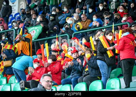 Treviso, Italia. 09th Apr 2022. USA Perpignan sostenitori durante Benetton Rugby vs USA Perpignan, Rugby Challenge Cup a Treviso, Italia, Aprile 09 2022 credito: Independent Photo Agency/Alamy Live News Foto Stock