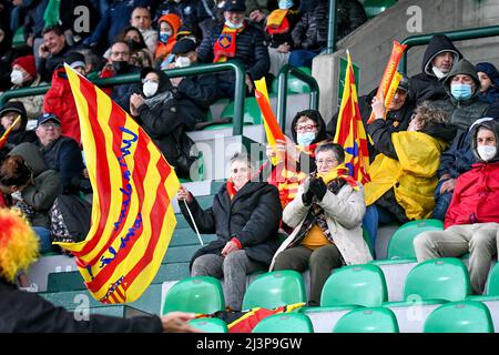 Treviso, Italia. 09th Apr 2022. USA Perpignan sostenitori durante Benetton Rugby vs USA Perpignan, Rugby Challenge Cup a Treviso, Italia, Aprile 09 2022 credito: Independent Photo Agency/Alamy Live News Foto Stock