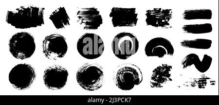 Set di pennelli. Varie forme rotonde e linee di segni di pennello nero grassetto con texture asciutta. Colpo di pennello disegnato a mano vettorizzato e isolato su bianco Illustrazione Vettoriale