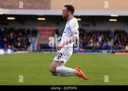 Londra, Regno Unito. 09th Apr 2022. Troy Parrott di MK Dons festeggia il primo gol delle sue squadre. EFL Skybet Football League One Match, AFC Wimbledon contro MK Dons a Plow Lane a Londra sabato 9th aprile 2022. Questa immagine può essere utilizzata solo a scopo editoriale. Solo per uso editoriale, licenza richiesta per uso commerciale. Nessun uso in scommesse, giochi o un singolo club/campionato/player pubblicazioni. pic di Steffan Bowen/Andrew Orchard sport fotografia/Alamy Live news credito: Andrew Orchard sport fotografia/Alamy Live News Foto Stock