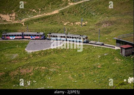 Rochers de Naye, Montreux Svizzera - 08.14.2021: Ferrovia sulla montagna. Marmots paradiso treno a cremagliera treno in carrozza arrivando alla cima della montagna s Foto Stock