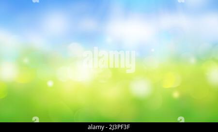 Cielo sfocato e campo verde sfondo astratto con raggi solari Foto Stock