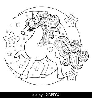 Bellissimo unicorno sulla luna. Immagine lineare in bianco e nero. Vettore Illustrazione Vettoriale