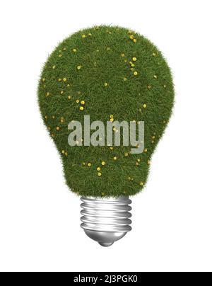 Lampadina astratta coperta di erba verde. Simbolo di energia verde. Immagine 3D Foto Stock