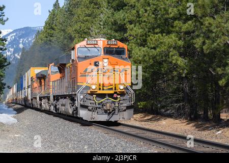 Leavenworth, WA, USA - 07 aprile 2022; il treno merci intermodale BNSF attraversa le Cascade Mountains nello stato di Washington all'inizio della primavera Foto Stock