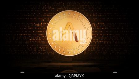 AAVE altcoin criptocurrency simbolo moneta d'oro su sfondo verde schermo. Illustrazione del concetto astratto 3D. Foto Stock