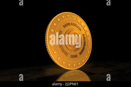AAVE altcoin criptocurrency simbolo moneta d'oro su sfondo verde schermo. Illustrazione del concetto astratto 3D. Foto Stock