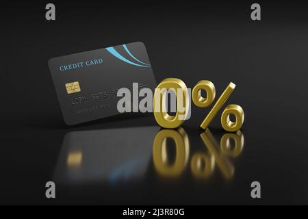 Primo piano della carta di credito e testo al 0%. Concetto di finanziamento. 3d illustrazione. Foto Stock