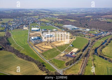 Fotografia aerea, tenuta industriale Gut Nierhof am Specksloh a Voßwinkel, Arnsberg, Sauerland, Renania settentrionale-Vestfalia, Germania, lavori di costruzione, c Foto Stock