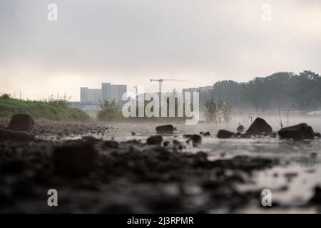 Nebbia sul fiume Elba in città. La nebbia si muove attraverso la città. Mattina presto nella natura. Vista dalla riva del fiume durante l'autunno. Foto Stock