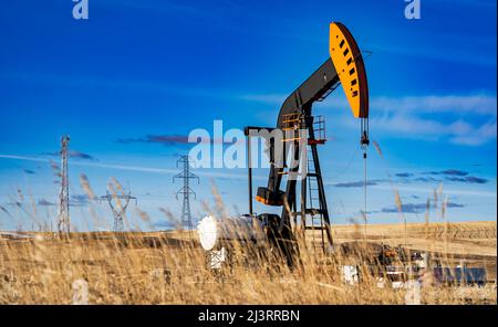 Un martinetto per pompa dell'olio che lavora in un campo agricolo con attrezzature per il petrolio e il gas e linee elettriche lontane nella contea di Rocky View, Alberta, Canada. Foto Stock