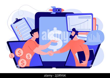 Chiedere agli analisti di scuotere le mani dagli schermi dei notebook e pianificare la domanda futura. Pianificazione della domanda, analisi della domanda, concetto di previsione delle vendite digitali. Rosa Illustrazione Vettoriale