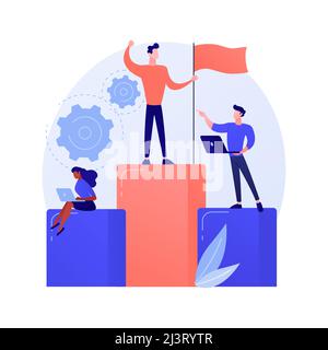 Motivazione della leadership aziendale. Gestione aziendale, definizione degli obiettivi, raggiungimento del successo. Capo ambizioso, top manager che controlla le prestazioni dei dipendenti Illustrazione Vettoriale