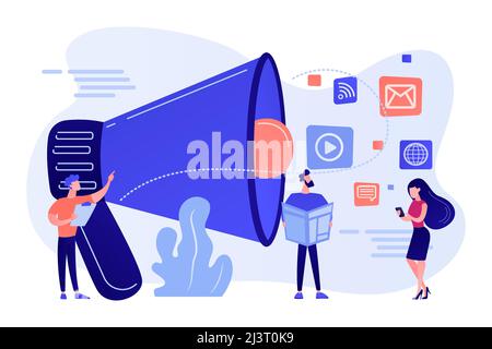 Tiny Pele, responsabile marketing con megafono e pubblicità push. Spingere la pubblicità, strategia di marketing tradizionale, concetto di interruzione del marketing. P. Illustrazione Vettoriale