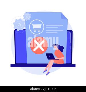 Rimozione di merci dal carrello, rifiuto di acquisto, modifica della decisione. Eliminazione di elementi, svuotamento del cestino. App per lo shopping online, personaggio cartoon per gli utenti di notebook Illustrazione Vettoriale