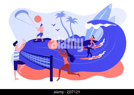 Piccoli adulti che giocano a pallavolo, surf e kitesurf. Attività estive in spiaggia, animazione in mare, animazione in mare. Pinki Illustrazione Vettoriale