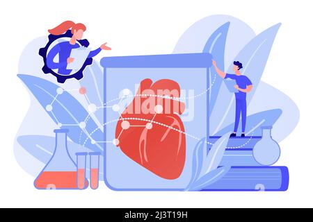 Gli scienziati stanno crescendo a cuore nella provetta in laboratorio. Organi coltivati in laboratorio, organi bioartificiali e organo artificiale su sfondo bianco. Rosa Illustrazione Vettoriale