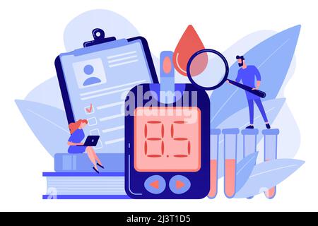 Medico con lente di ingrandimento e misuratore di glucosio nel sangue. Diabete mellito, diabete di tipo 2 e concetto di produzione di insulina su sfondo bianco. Rosone Illustrazione Vettoriale