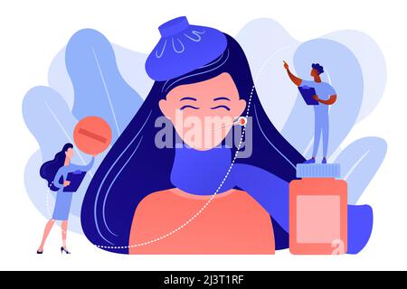 Donna malata con sintomi influenzali e freddi e medici, minuscoli. Influenza stagionale, malattie respiratorie contagiose, concetto di trattamento dei virus influenzali. Perno Illustrazione Vettoriale