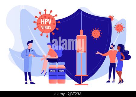 Farmaco per infezione da HPV. Prevenzione dei virus. Vaccinazione contro l'HPV, protezione contro il cancro cervicale, concetto di programma di vaccinazione contro il papillomavirus umano. Perno Illustrazione Vettoriale
