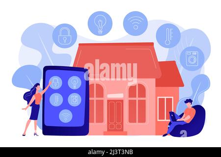 Personale aziendale che controlla i dispositivi smart house con tablet e notebook. Dispositivi domestici intelligenti, sistema di automazione domestica, concetto di mercato domotico. Rosone c Illustrazione Vettoriale