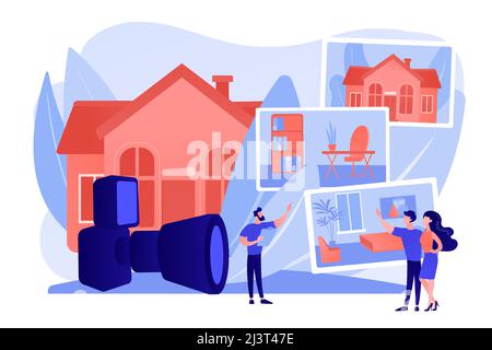 Coppia che sceglie l'appartamento. Fotografia immobiliare, servizi di fotografia immobiliare, fotografia per realtors e concetto di pubblicità. Corallo pinkish b Illustrazione Vettoriale