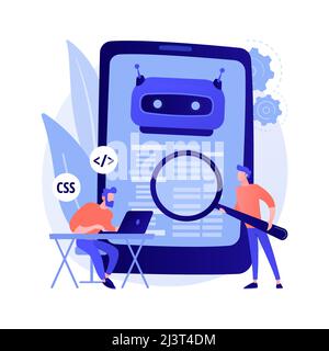 Sviluppatore Java. Software per smartphone. Codifica JavaScript, applicazione di scrittura, programmazione css. Manomissione del codice sorgente HTML. Programma mobile. Isola vettore Illustrazione Vettoriale