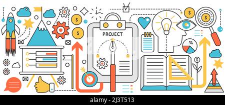 Tecnologia di lavoro di avvio aziendale. Processo di analisi e ricerca su idee o progetti, strategia di gestione del progresso e avvio dell'innovazione in banner di concetto infografico, design d'arte sottile Illustrazione Vettoriale