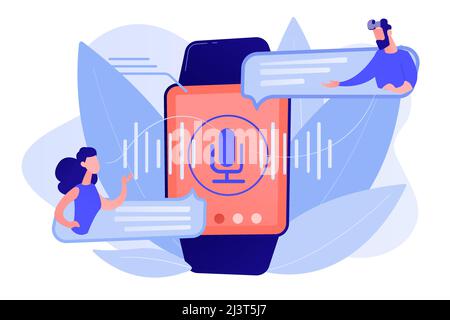 Utenti che traducono la voce con smartwatch. Traduttore digitale, traduttore portatile, concetto di traduttore elettronico su sfondo bianco. Rosone Illustrazione Vettoriale