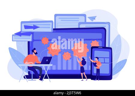 Tester e sviluppatori lavorano con notebook e tablet. Fondazioni di bug multipiattaforma, identificazione di bug e concetto di team di testing su sfondo bianco. Pinkis Illustrazione Vettoriale