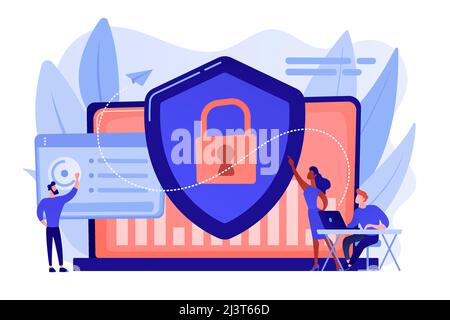 Gli analisti della sicurezza proteggono i sistemi connessi a Internet con Shield. Sicurezza informatica, protezione dei dati, concetto di cyberattacchi su sfondo bianco. Rosone c Illustrazione Vettoriale