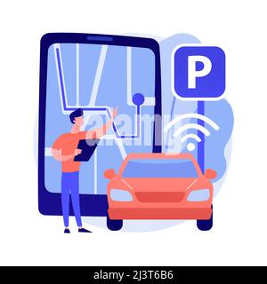 Illustrazione vettoriale del concetto astratto del sistema di parcheggio automatico. Sistema di parcheggio automatico, auto con parcheggio autonomo, tecnologia intelligente senza conducente, autonom Illustrazione Vettoriale