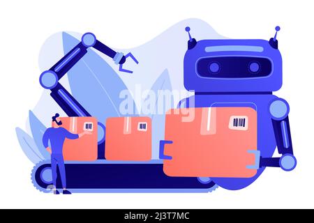 Robot che sostituisce il lavoro umano con scatole su nastro trasportatore e braccio robotizzato. Sostituzione del lavoro, uomo contro robot, concetto di controllo del lavoro robotico. Pi Illustrazione Vettoriale