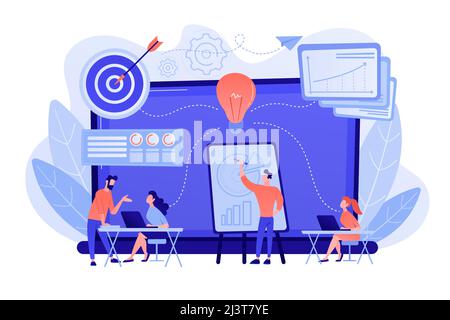 Azienda che fornisce formazione manageriale e spazio ufficio. Incubatore di imprese, programmi di formazione aziendale, concetto di servizio amministrativo condiviso. Rosone Illustrazione Vettoriale