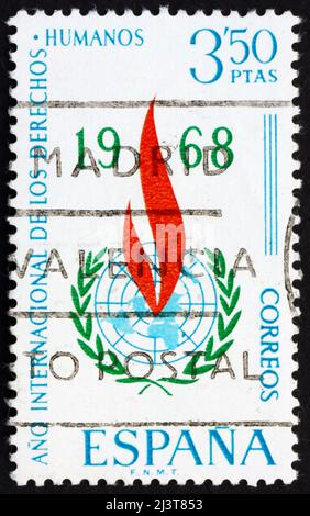 SPAGNA - CIRCA 1968: Un francobollo stampato in Spagna mostra Human Rights Emblem, International Human Rights Year, circa 1968 Foto Stock