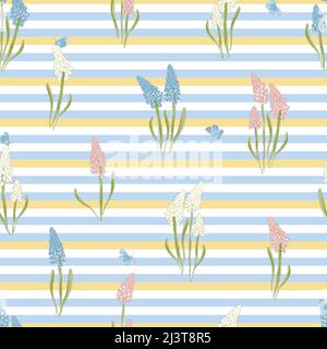 Uva Hyacinth fiore e farfalla blu su strisce vettore disegnato a mano senza cuciture pattern. Vintage Romantic Spring Garden Bloom sfondo. Stampa floreale retrò ispirata alla libertà per tessuti alla moda. Illustrazione Vettoriale