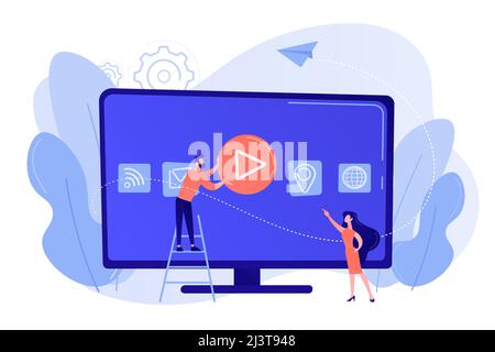 Piccole persone in un'enorme smart TV con icone di applicazione sul display. Tecnologia Smart TV, televisione via Internet, concetto di sreaming tv online. Rosone Illustrazione Vettoriale