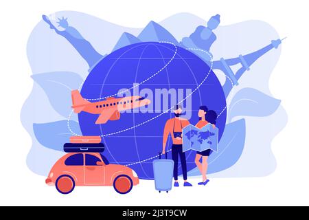 Uomo e donna che scelgono destinazione di viaggio, andando in vacanza. Viaggi globali, viaggi in tutto il mondo, concetto di turismo internazionale. Rosone Illustrazione Vettoriale