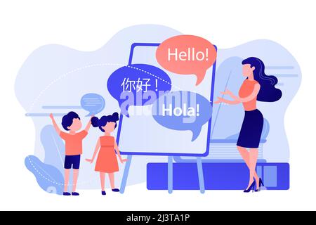Piccole persone, insegnanti e bambini nel campo di apprendimento inglese e cinese. Campo di apprendimento delle lingue, programma di lingue estive, apprendimento del concetto di lingue straniere. Illustrazione Vettoriale