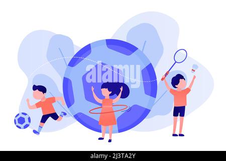 Piccole persone, bambini attivi nel campo di gioco di sport all'aperto e calcio grande. Campo estivo sportivo, campo sportivo multi, concetto attivo dell'ora estiva. Rosone co Illustrazione Vettoriale