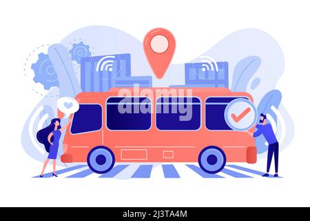 I passeggeri gradiscono e approvano l'autobus automatico senza conducente. Concetto di trasporto pubblico autonomo, autobus autonomo, servizi di trasporto urbano. Rosone Illustrazione Vettoriale