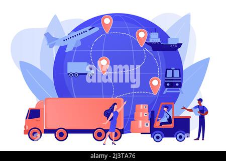 Lavoratore di magazzino che trasporta merci. Tipi di spedizione del trasporto. Logistica aziendale, tecnologie logistiche intelligenti, concetto di servizio di consegna commerciale. Pi Illustrazione Vettoriale