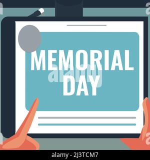 Cartello con la scritta Memorial Day. Parola per ricordare il personale militare che è morto in servizio Illustrazione di Una mano utilizzando Big Tablet Searching Plans Foto Stock