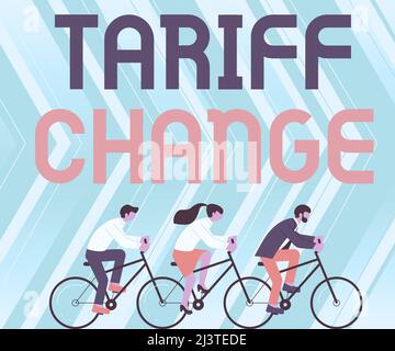 Modifica tariffa didascalia concettuale. Internet Concept Modifica delle tasse di importazione/esportazione per beni e servizi tre colleghi Riding Bicycle Foto Stock