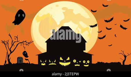 Sfondo campo di Halloween con zucche, Happy Halloween arancione horror notte con piena Luna, illustrazione. Illustrazione Vettoriale