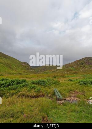Una piccola passerella di legno a campata singola che attraversa una piccola scottatura in alto sul sentiero di Glen Lethnot nella Valle di Angus in Scozia. Foto Stock