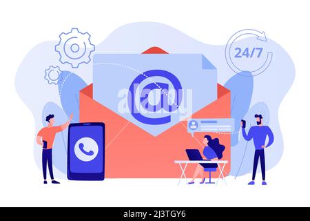 Email marketing, chat su Internet, supporto 24 ore su 24. Mettetevi in contatto, iniziate il contatto, contattateci, modulo di feedback online, parlate con il concetto di cliente. Perno Illustrazione Vettoriale