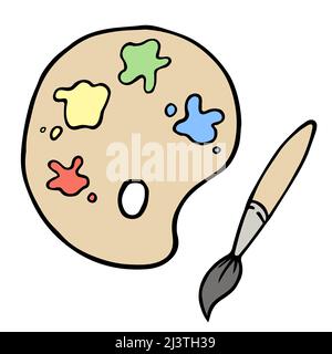 Illustrazione vettoriale del pennello e della tavolozza in stile doodle. Simbolo della ruota dei colori e pennello artistico isolato su sfondo bianco. Grafico disegnato a mano Illustrazione Vettoriale